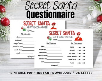 May include: Printable Secret Santa gift exchange questionnaire with a red and white Santa Claus illustration. The questionnaire asks for the recipient's favorite store, restaurant, candy, movie, sports team, scent, and allergies. It also asks for their preferences for candy, candles, gift cards, throw blankets, lotion/spray, and plants.