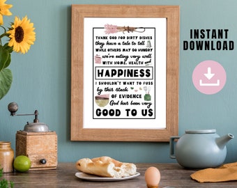 Thank God For Dirty Dishes Poem Printable Wall Art for your Kitchen or Dining Room  - Last Minute Birthday Gift for Mom