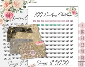 May include: A printable 100 Envelopes Challenge tracker with a savings goal of $5050. The tracker features a grid of 100 envelopes with numbers 1-100. There are also circles with numbers 8, 16, 24, 32, 40, 48, 88, and 96. The tracker is decorated with floral designs and vintage-style paper.