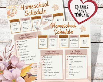Homeschool Schedule, Weekly Homeschool Schedule, Homeschool Planner, Canva Template and Blank PDF, Instant Download