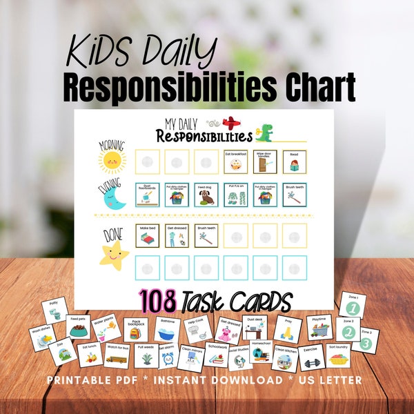 Kids Daily Responsibilities Chart, Printable Chore Chart, Daily Routine, Morning/Evening Checklist, Daily Task List, Children's Job Poster,