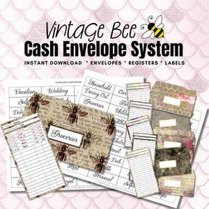 Vintage Bee Printable Cash Envelopes Cash Envelope Inserts Money Envelope System Printable Transaction Registers Budget Tracker image 1