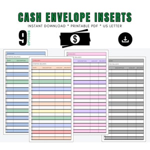Mehrfarbig bedruckbare Geldumschlageinlagen | Geldumschlagsystem |Druckbare Transaktionsregister | Ausgaben Tracker | Budget Tracker