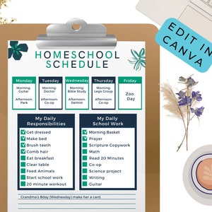 May include: A printable homeschool schedule with a green floral design. The schedule includes a daily responsibilities checklist and a daily school work checklist. The text on the schedule includes "Homeschool Schedule", "My Daily Responsibilities", "My Daily School Work", "Morning Basket", "Prayer", "Scripture Copywork", "Math", "Read 20 Minutes", "Co-op", "Science project", "Writing", "Guitar", "Get dressed", "Make bed", "Brush teeth", "Comb hair", "Eat breakfast", "Clear table", "Feed Animals", "Start school work", "20 minute workout", "Monday", "Tuesday", "Wednesday", "Thursday", "Friday", "Morning: Guitar", "Afternoon: Park", "Morning: Doctor", "Afternoon: Co-op", "Morning: Bible Study", "Afternoon: Dentist", "Morning: Lego Group", "Afternoon: Co-op", "Zoo Day", "Grandma's Bday (Wednesday) make her a card."