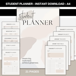 May include: A printable student planner with 21 pages. The planner includes sections for website login, important dates, assignment tracker, study planner, project planner, subject overview, group project, grade tracker, and exam timetable. The planner has a minimalist design with a light brown background and abstract shapes.