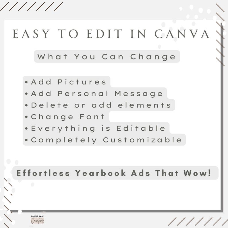 May include: White graphic with text: "EASY TO EDIT IN CANVA". Features include: "Add Pictures", "Add Personal Message", "Delete or add elements", "Change Font", "Everything is Editable", and "Completely Customizable". The text "Effortless Yearbook Ads That Wow!" is also included.