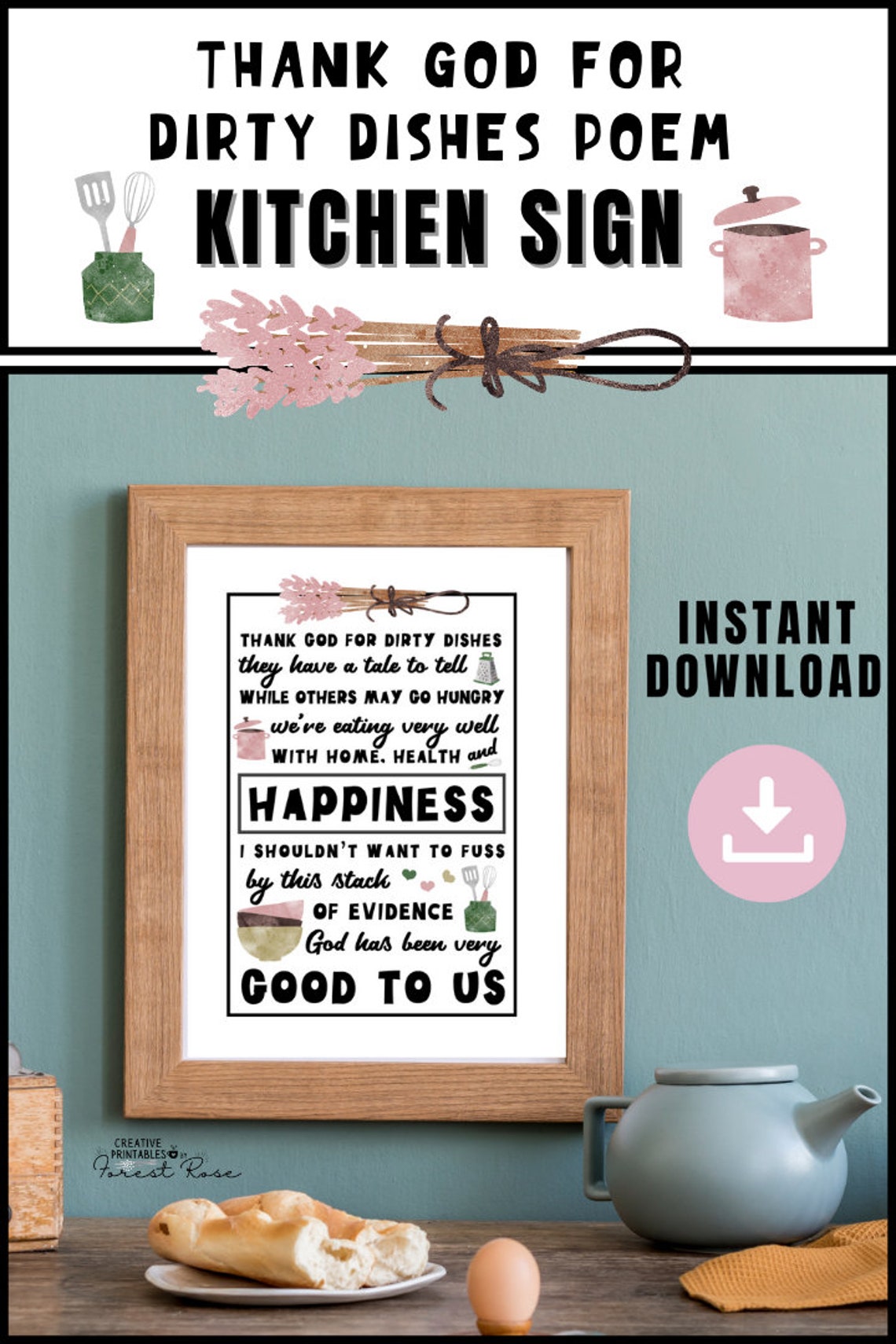 Thank God for Dirty Dishes Poem Printable Wall Art Cozy Room Decor