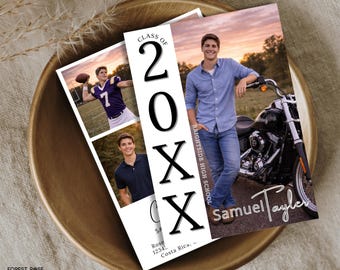May include: A 5x7 inch printable graduation invitation with three photos of a young man. The invitation features the text "Class of 20XX" and "Brightside High School". The invitation is in a gold-colored bowl.