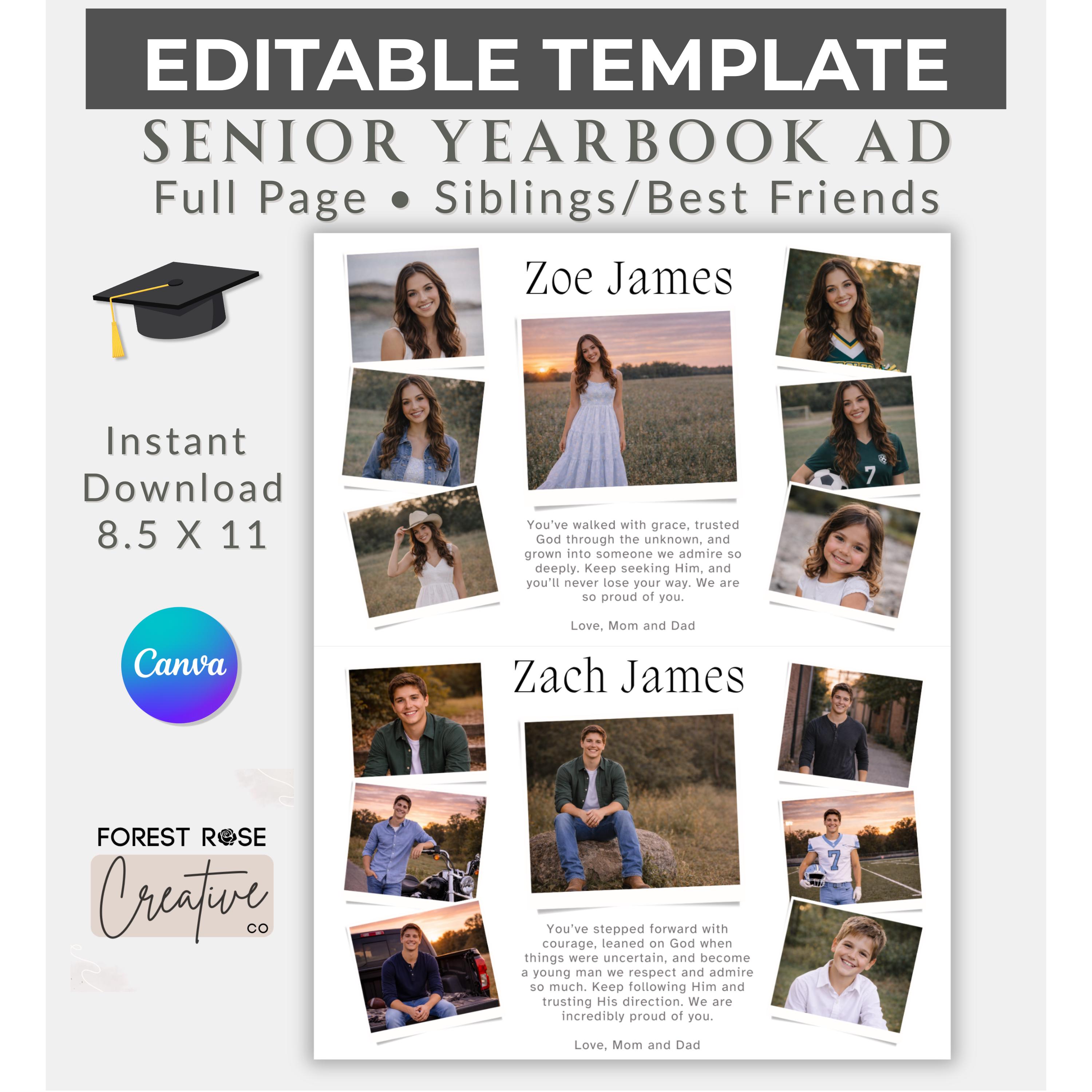 Sibling Yearbook Ad Template Canva Editable Split Full Page Twin ...
