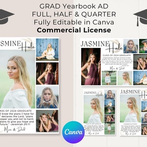 FULL, HALF & QUARTER Page Yearbook Ad Templates, Canva Template, High School Grad, Modern Graduate Yearbook Ad _ Commercial License