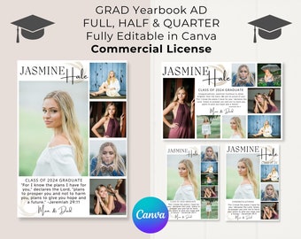 FULL, HALF & QUARTER Page Yearbook Ad Templates, Canva Template, High School Grad, Modern Graduate Yearbook Ad _ Commercial License