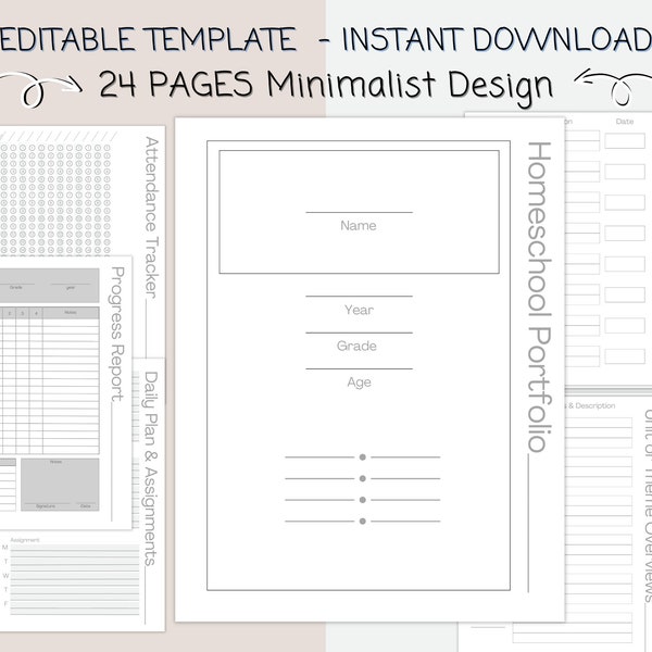 EDITABLE Homeschool Portfolio pages - Printable Canva Template Portfolio - Homeschool planner pages - Homeschool Portfolio Binder