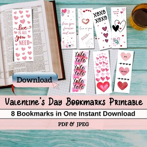 Valentine&#39;s Day Bookmarks Printable Bundle, Printable Valentine&#39;s Day Bookmarks, Valentine&#39;s Day Gift, Heart, Love