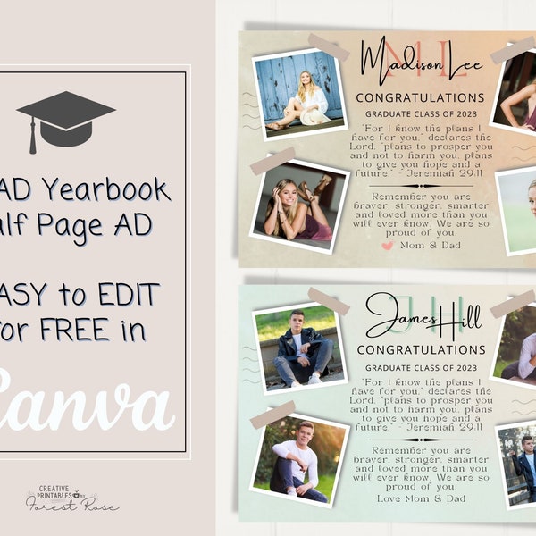 HALF PAGE Yearbook Ad Template, Canva Template, DIY Editable Personalized, High School Grad,  8.5 x 5.5, Guy, Girl, Graduate Yearbook Ad