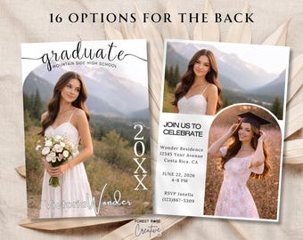 May include: Graduation announcement with a woman in a white dress holding flowers. The front has the words "graduate" and "Mountain Side High School." The back includes event details and a photo of the graduate.