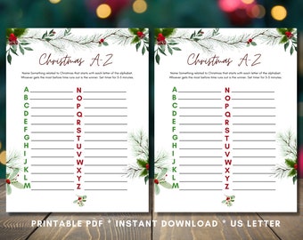 May include: Two printable Christmas A-Z game sheets on white paper. The game sheets have a festive design with green and red accents. The text "Christmas A-Z" is at the top, with instructions and alphabet letters.