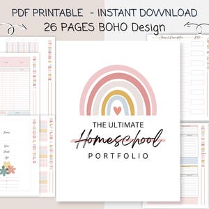 K&ouml;nnte beinhalten: Ein druckbares Homeschool-Portfolio mit 26 Seiten im Boho-Design mit einem Regenbogen und einem Herzen. Der Text "The Ultimate Homeschool Portfolio" ist enthalten.