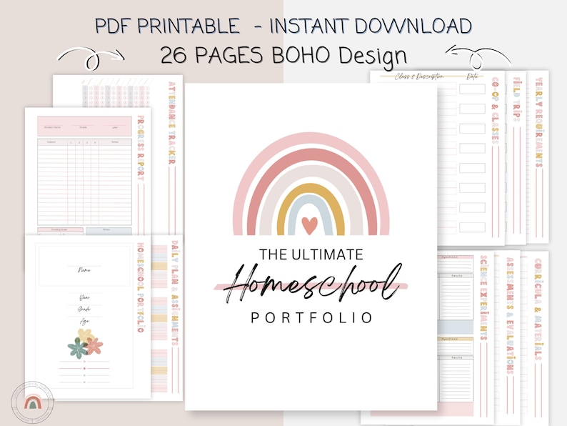 K&ouml;nnte beinhalten: Ein druckbares Homeschool-Portfolio mit 26 Seiten im Boho-Design mit einem Regenbogen und einem Herzen. Der Text "The Ultimate Homeschool Portfolio" ist enthalten.