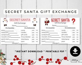 Printable Secret Santa Questionnaire for Gift Exchange, Secret Santa Printable, Secret Santa Gift Exchange Printable, Christmas Gift Tracker