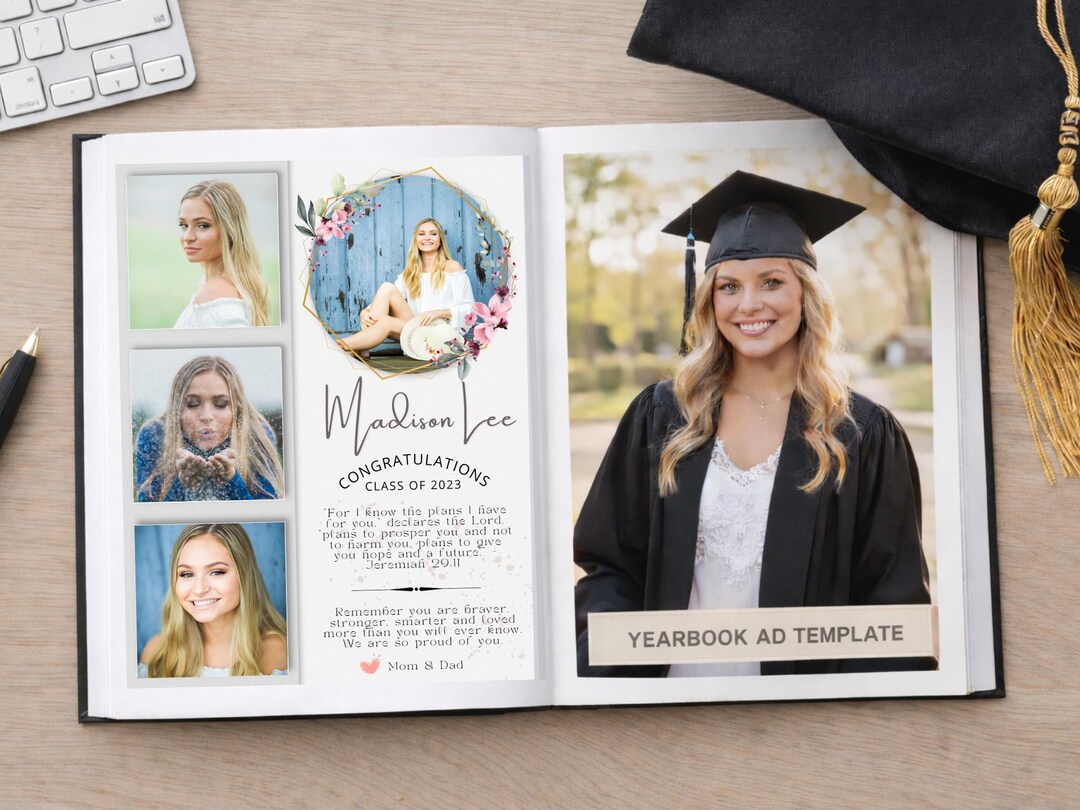 Yearbook Grad Pages. Example Floral Full Page Yearbook Ad Template Canva Editable Senior Graduation ...