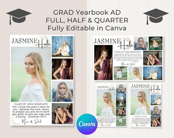 May include: A customizable graduation announcement template for Canva featuring a collage of photos, the graduate's name, "Jasmine Hale", the year "Class of 2024", and the quote "For I know the plans I have for you...plans to give you hope and a future." -Jeremiah 29:11. The template is available in full, half, and quarter page sizes.