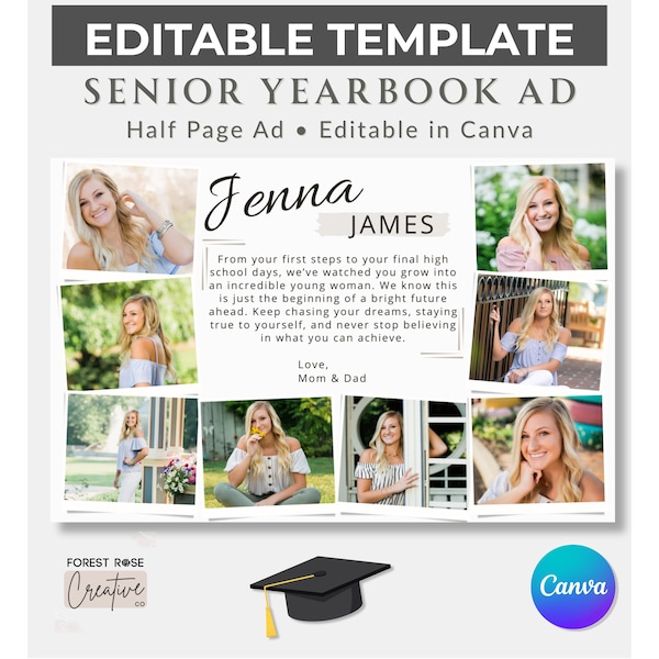 Editable HALF PAGE Yearbook Ad, DIY Personalized High School Grad Layout,  8.5 x 5.5, Graduate Tribute Page (Canva Template)