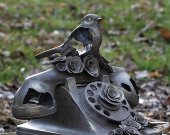 Robin on Phone Stoneware Sculpture