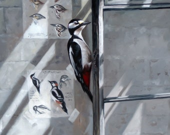 May include: An oil painting depicts a woodpecker perched on a window frame. The bird has black, white, and red markings. Two sheets of paper with bird sketches are taped to a gray brick wall. Sunlight streams through the window.