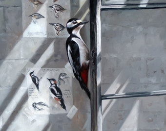 Spotted Woodpecker Wildlife Original Oil Painting 18"x24"