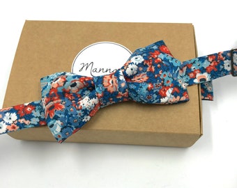 Noeud papillon en Liberty Thorpe Hill bleu/rouge, réglable, noeud papillon homme, fleurs, accessoire mariage