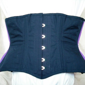 Lovely blue and purple contrast side corset sample, 34 inches