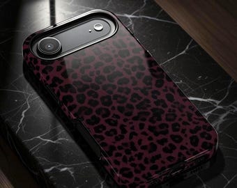Leopard Print Phone Case Dark Burgundy – Tough & MagSafe, iPhone 11–17 Pro Max, Samsung S23–S25 Ultra, Pixel 9/10 ,Gift for Her