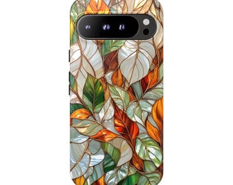 Stained glass leaves Pixel Tough phone case 9, Pixel 8, Pixel 7, 8a, 9 pro xl, iPhone 16e case, 16, 15,Galaxy S25 S24 ultra S23 A54 A34