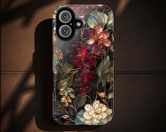 Stained Flowers phone case Dark Academia iPhone  17 16 15 14 13 12 11 Pro Max,  Magsafe S25 S24 S23 Ultra,  Pixel 9 10 8 7 ,Gift for Her