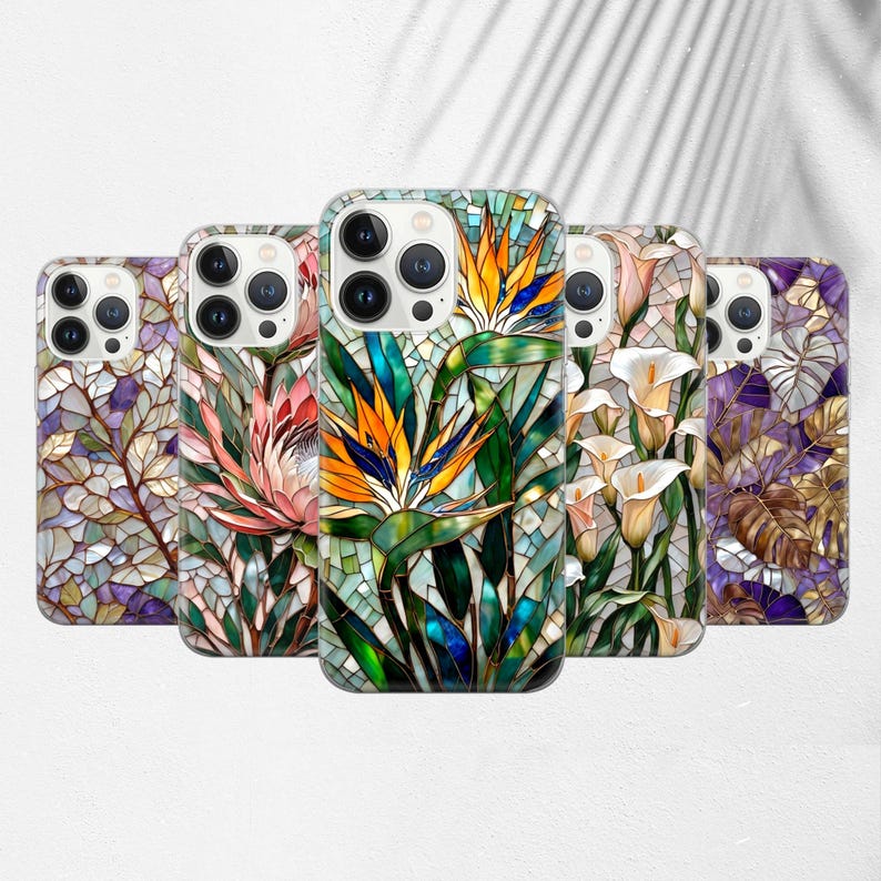 Stain Glass Exotic Flowers Mosaic Print Phone Case for iPhone 16 15pro