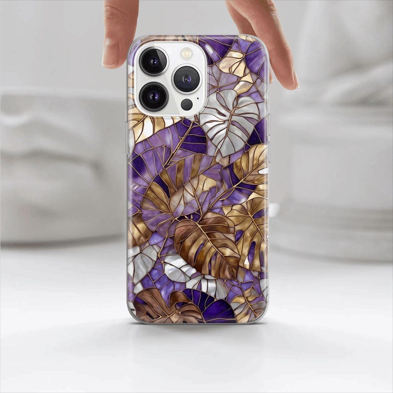 Stain Glass Exotic Flowers Mosaic Print Phone Case for iPhone 16 15pro