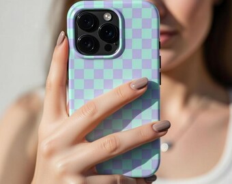 Checkboard lilac blue phone case for iPhone 17, 16e, Galaxy S26 S25 ultra and Pixel 10 pro xl