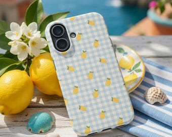 Lemon & Blue Gingham Phone Case  Samsung Galaxy S26, S25 ,S20 A55, A16, A26, Aesthetic Summer Fruit Cover for iPhone 17 16