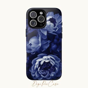 Navy blue floral aesthetic Tough phone case for iPhone 16 11 13 14 15 xs Pro Max, Samsung Galaxy S25 S24 S23 S22, Google Pixel 9 8 7