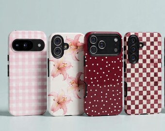 Pink iphone case, Lily Gingham Checkered Polka Dot, Pink Red Aesthetic Phone Covers for iPhone 17 16 15 13, Samsung S26 S23 A17, Pixel 10