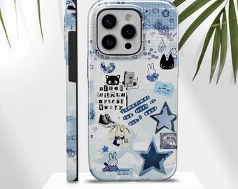 Blauwe twinkle stoere telefoonhoes Y2k sterren Cover voor iPhone 15Pro, 14, 13, 12, 11, Google Pixel 8, 7A, 6A, Samsung S24Ultra S23fe S22 A54, A34