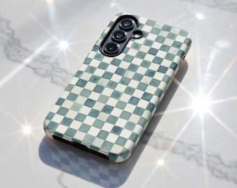 Blue checkered  Phone Case for Galaxy S26, S25 ,S20 A55, A16, A26, Glossy Finish, iPhone 17 16 13, Pixel 10 9