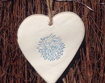 Country Cottage Hanging Heart Wall Decoration, blue chrysanthemum flower