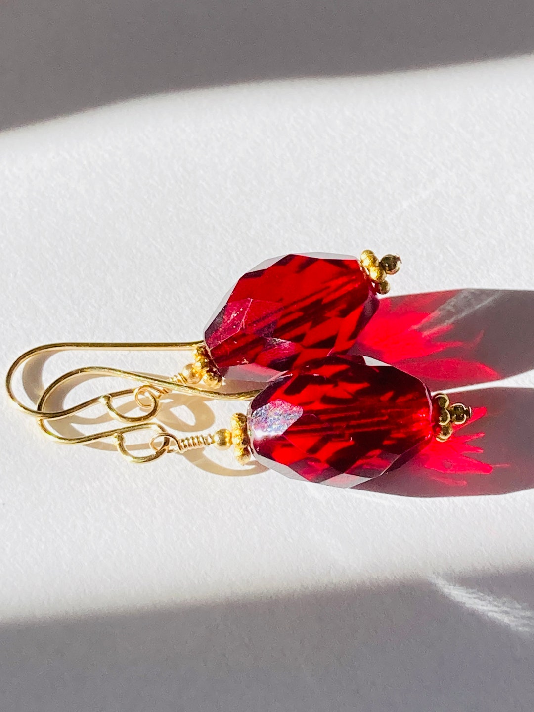 Ruby Red Earrings W/ Vintage, Upcycled Glass, Bright Brass Bali Daisies ...