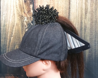 Black Denim baseball cap with a cotton black pom pom has a high opening for a ponytail without the need for barrettes or holder