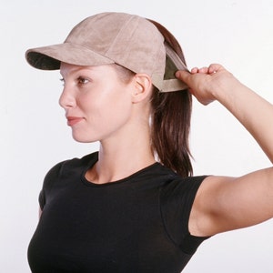 Beige Suede baseball cap has a high opening for a ponytail without the need for barrettes or holder
