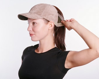 Beige Suede Ponytail Baseball Cap - Hair Wrap Style