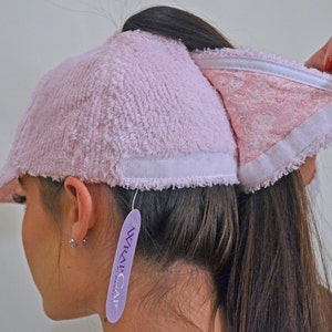 Womens baseball cap in Pink Terry Cloth has a high opening for a ponytail without the need for barrettes or holder