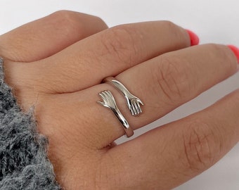 100% #78 925 Sterling Silver Hug Ring | Hands Palm | Adjustable One Size | Friendship Love | Simple | Tarnish Free | Minimalist | Stackable