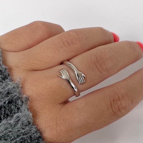 100% #78 925 Sterling Silver Hug Ring | Hands Palm | Adjustable One Size | Friendship Love | Simple | Tarnish Free | Minimalist | Stackable
